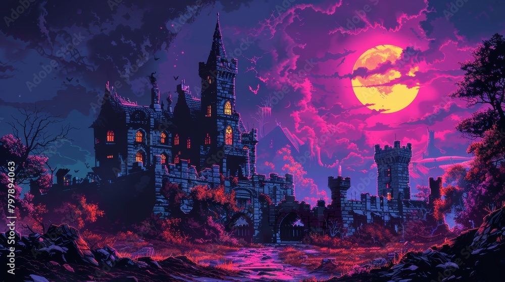 A pixel art of a castle with a large moon in the background. The sky is dark and there are some clouds. The castle is made of gray stone and has many towers and windows.