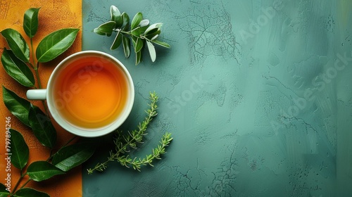 A cup of hot tea, On one side is the night and on the other side is the day,green and golden theme, natural light, minimalist product display, natural objects