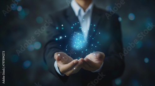 Concept of open data. Businessman using a virtual screen and holding an open data icon