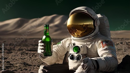 an astronaut on the moon with bottle of beer