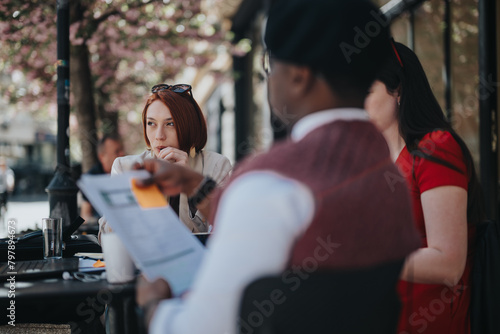 Entrepreneurial businesspeople in casual discussion over documents at a sidewalk cafe, exemplifying teamwork and partnership.