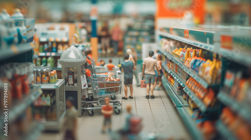 Toy figures representing shoppers in a detailed miniature supermarket setup with a tilt-shift effect