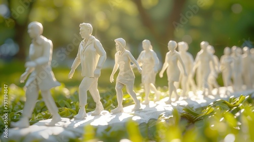 3D rendering of a group of faceless people walking on a narrow path through a grassy field
