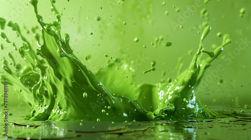 A green splash of water with drops of liquid on it