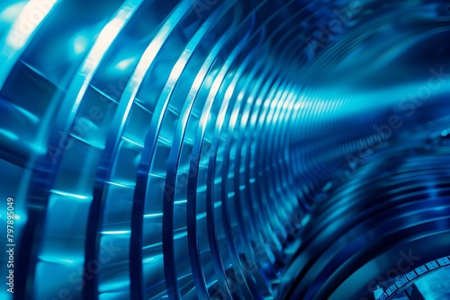 Blue abstract industrial background. 3d rendering of gas turbine rotor blades. . photo