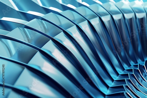 Blue abstract industrial background. 3d rendering of gas turbine rotor blades. .