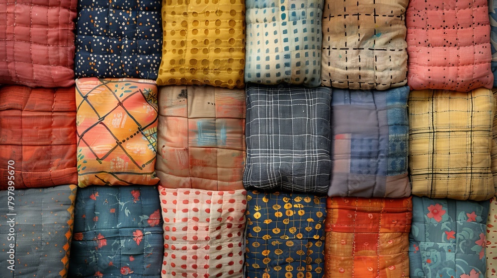 Grid Art: A photo of a patchwork quilt, featuring squares of fabric arranged in a grid Grid Art: A photo of a patchwork quilt, featuring squares of fabric arranged in a grid