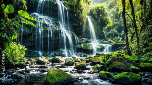 Serene Waterfall and Mossy Rocks in Lush Green Forest Landscape