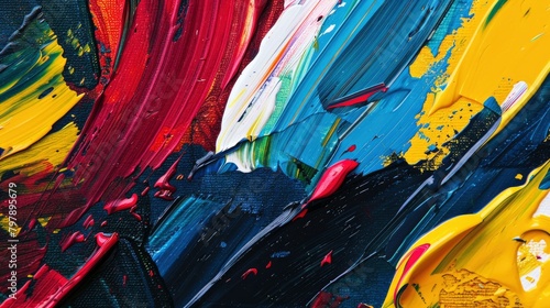 A closeup of an abstract painting with bold, vibrant colors and brushstrokes in reds, yellows, blues, greens, and black
