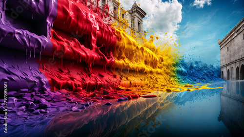 Vibrant Color Splash Over Historical Cityscape with Reflective Water Surface