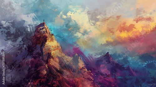 Illustrate the adrenaline rush of climbing a rocky peak through an Impressionistic lens, with bold colors and dynamic brushwork Utilize unexpected camera angles to emphasize the height and challenge o