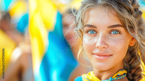 Portrait of young beautiful girl with blue eyes on the background of the flag of Ukraine