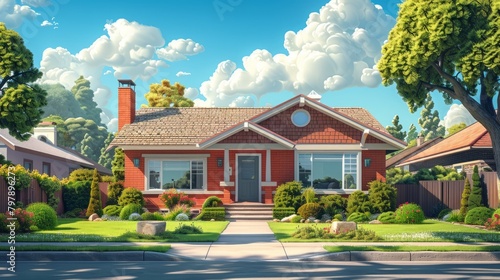 A cartoon house in a cartoon neighborhood with a blue sky and white clouds.