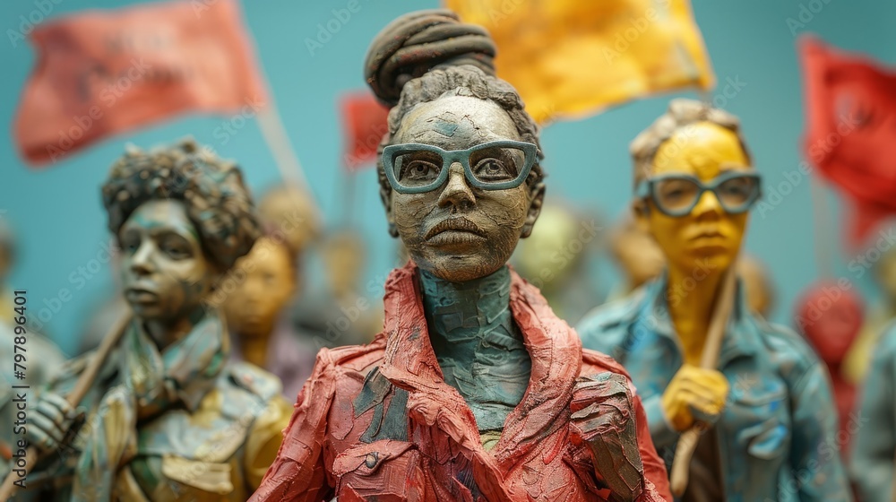 A clay sculpture of a black woman with glasses and a red shirt in front of a group of similar sculptures