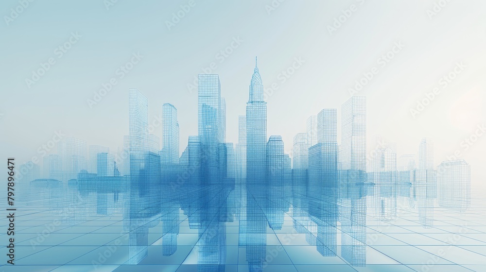 Grid Lines: A 3D vector illustration of a city skyline with grid lines overlaying Grid Lines: A 3D vector illustration of a city skyline with grid lines overlaying