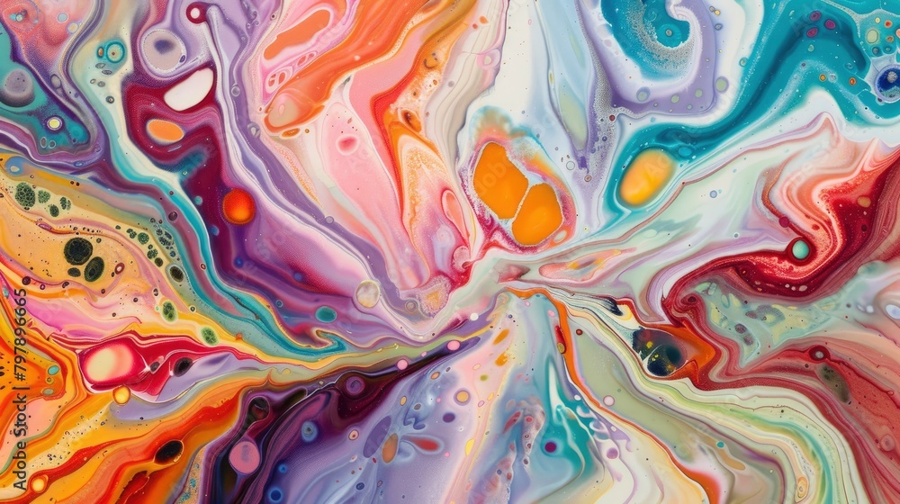 A closeup of an acrylic pour painting, with swirling colors and fluid shapes that evoke the feeling of being in motion.
