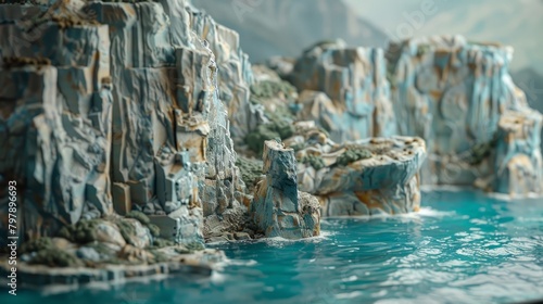 A close up of a diorama of a rocky coastline with blue water.