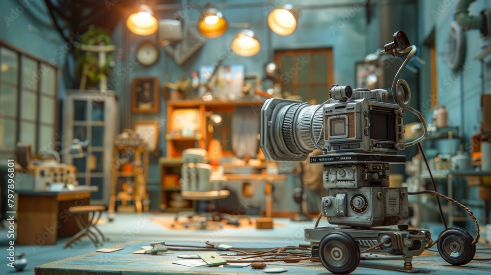 A close up of a model movie camera in a cluttered workshop.