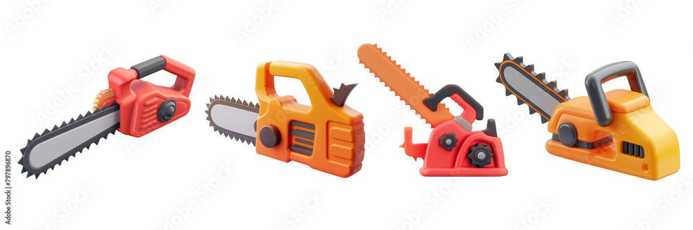 PNG chainsaw 3d icons and objects collection, in cartoon style minimal on transparent, white background, isolate