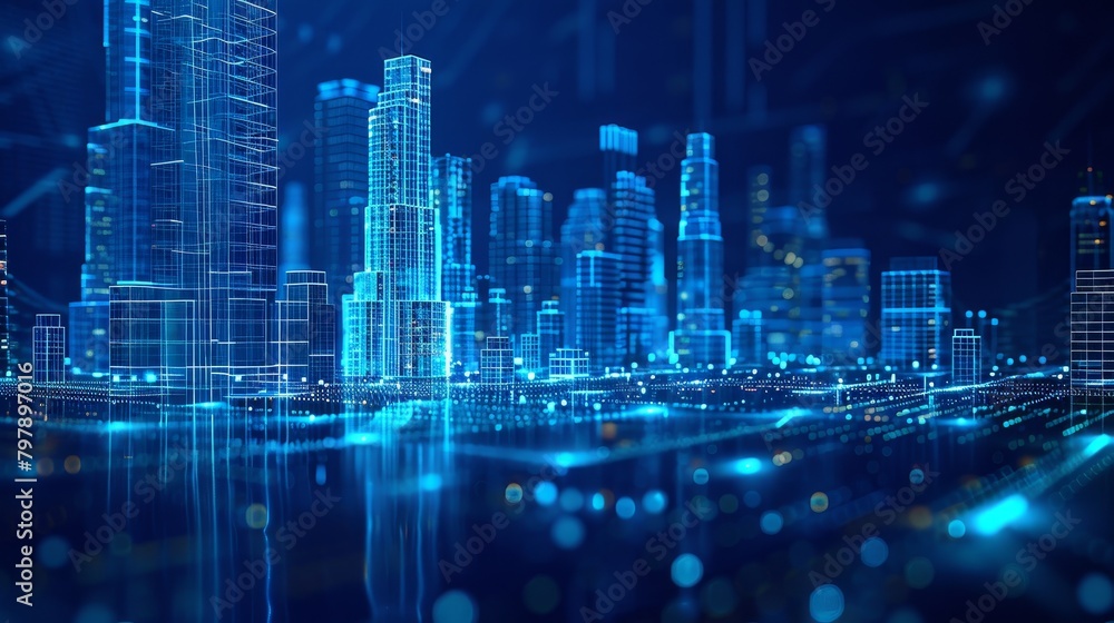 Grid Structure: A 3D vector illustration of a futuristic city with a grid-like network of transportation and buildings