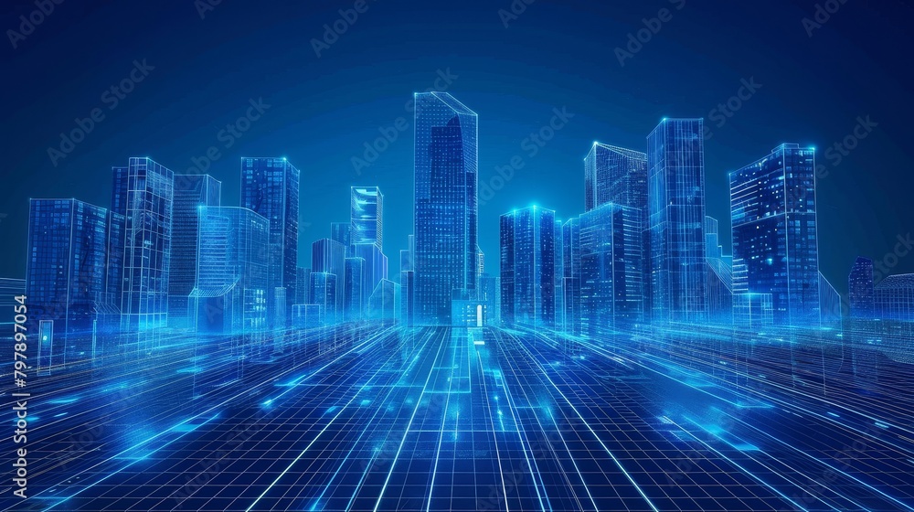 Grid Structure: A 3D vector illustration of a futuristic cityscape with interconnected grid structures