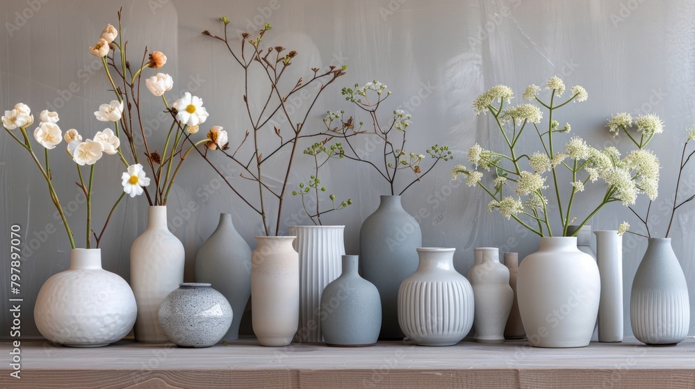 A collection of mostly white and gray ceramic vases with white and light pink flowers displayed on a wooden surface against a pale gray background. A collection of mostly white and gray ceramic vases with white and light pink flowers displayed on a wooden surface against a pale gray background.