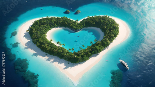 Aerial view of heart-shaped tropical island with turquoise lagoon.Love, travel ,summer vacation concept.Generative AI