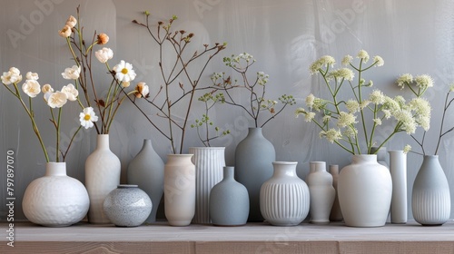 A collection of mostly white and gray ceramic vases with white and light pink flowers displayed on a wooden surface against a pale gray background.