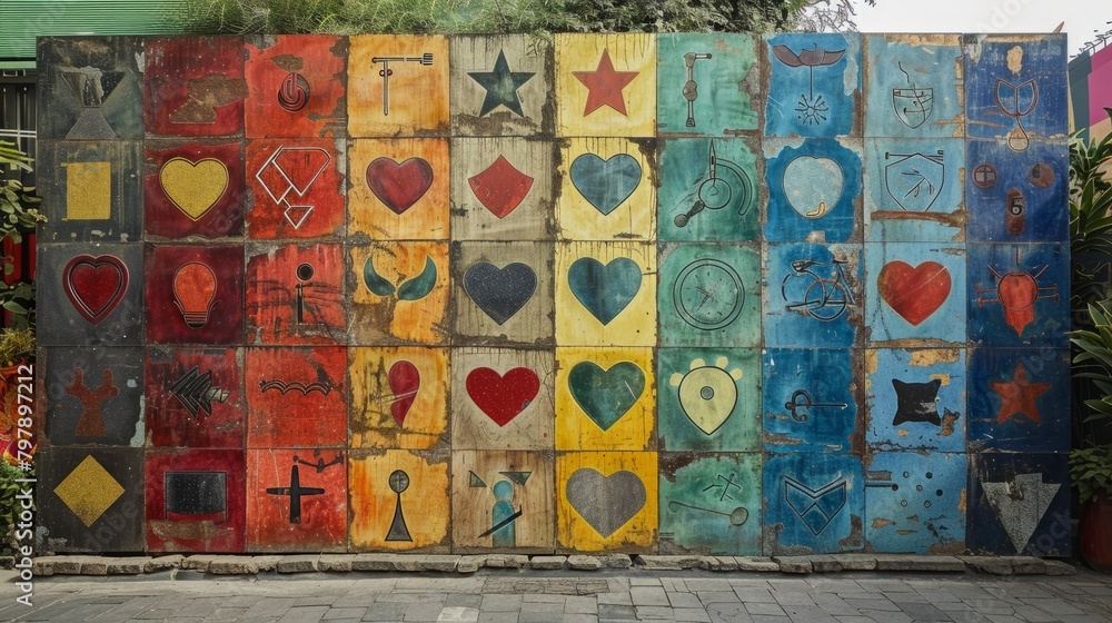 A colorful mural of hearts, diamonds, and other symbols painted on wooden boards.