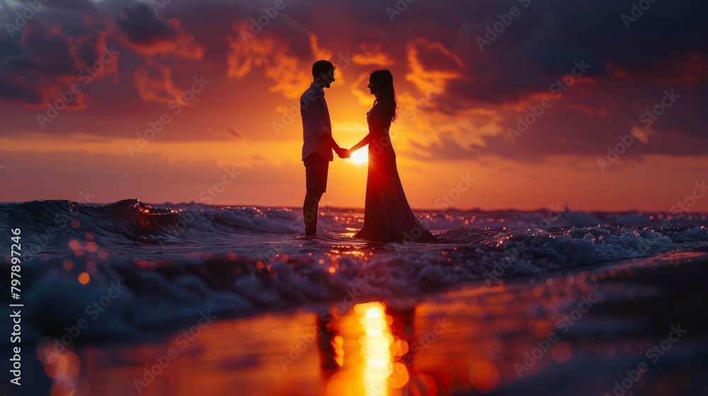Fototapeta premium A couple standing in the ocean at sunset, holding hands and looking at each other.