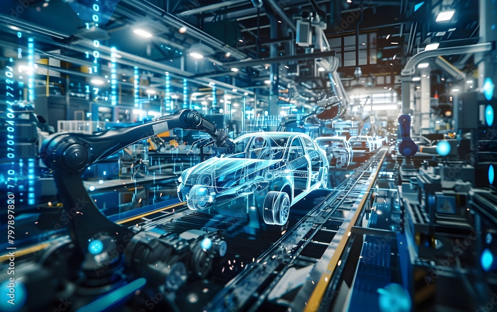 A high-tech car factory with robotic arms, holographic screens displaying design data and product models in the air above production lines. In a blue color theme. The scene is captured from an overhea