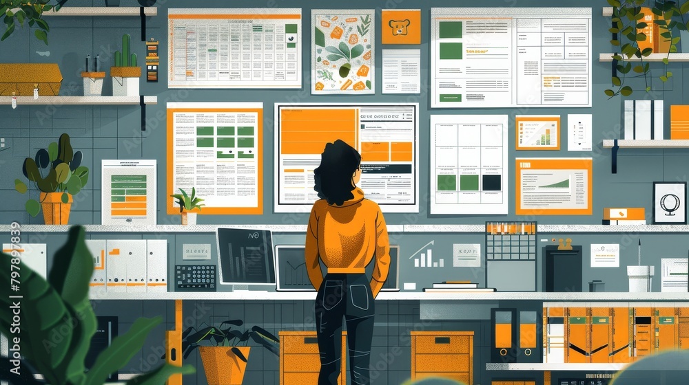 Grid System: A vector illustration of a designer using a grid system to