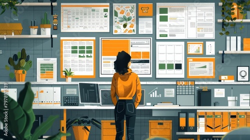 Grid System: A vector illustration of a designer using a grid system to organize content in a poster layout