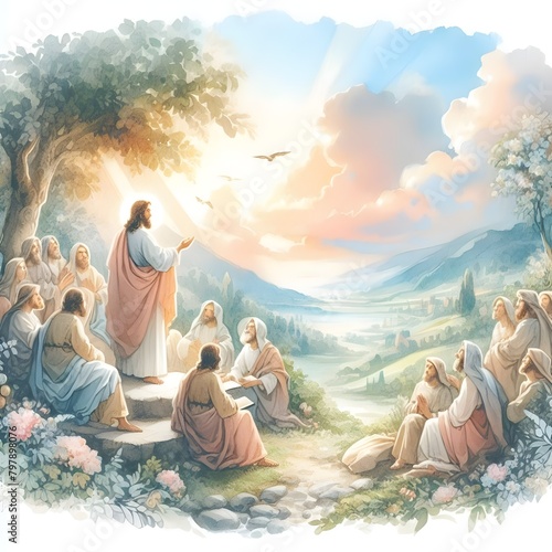 Jesus preaching in Galilee and gathering his disciples, Sermon on the Mount, Jesus Christ Watercolor illustration, Digital Painting