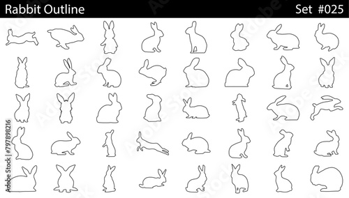 Minimal style rabbit line drawing, Side view, set of graphics bunny elements outline symbol for creating coloring pages, prints. design drawing. Vector illustration in stroke fill in white.
