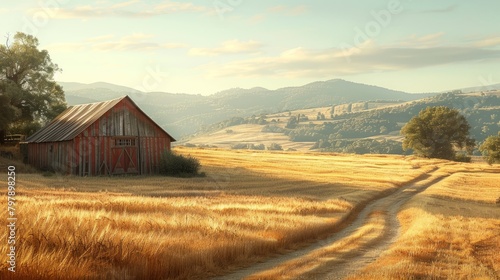 A golden wheat field with a red barn in the distance