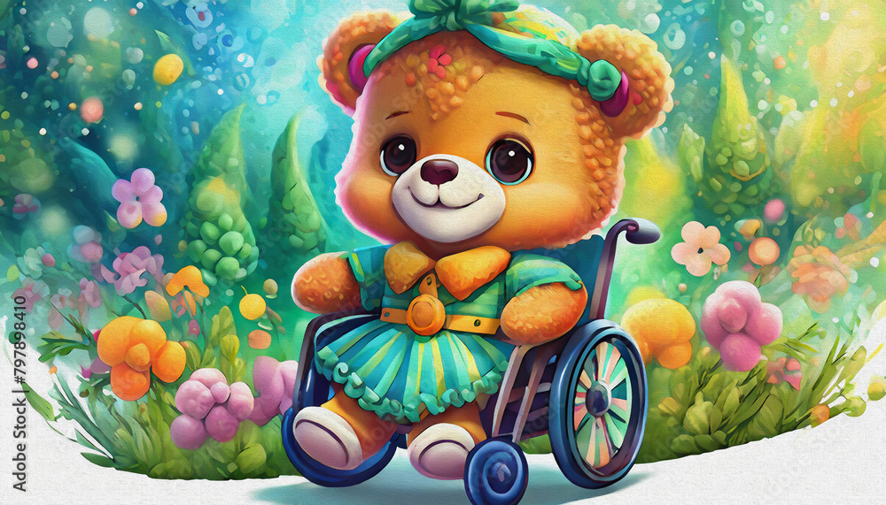 Naklejka premium oil painting style CARTOON CHARACTER CUTE baby Teddy Bear in a Miniature Wheelchair on Blue nature Background