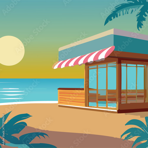 background illustration of a shop in a beach sun on the sky