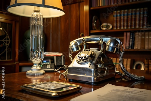 Chrome rotary phone, a hallmark of Art Deco design, resting on a mahogany desk bathed in warm lamplight.