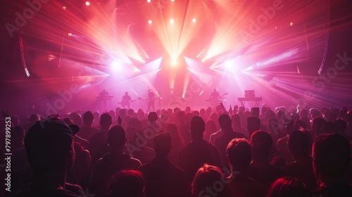 A large crowd of people are at a concert with bright lights on stage.