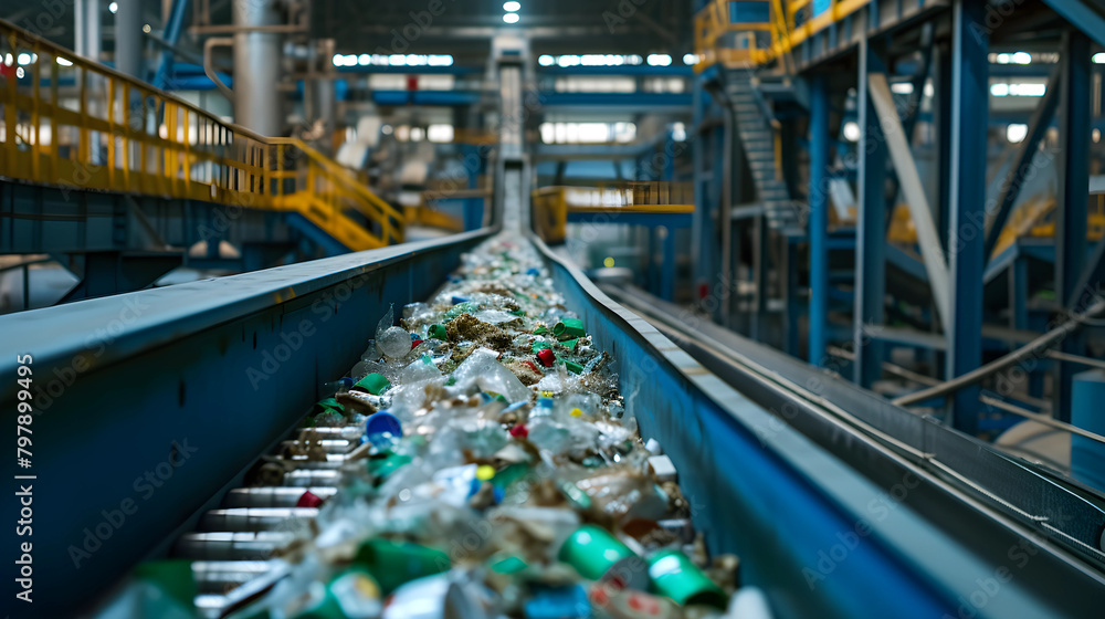 Conveyor belt transporting recycled materials, highlighting eco-friendly practices in manufacturing. Conveyor belt transporting recycled materials, highlighting eco-friendly practices in manufacturing.