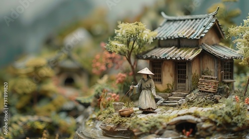 A miniature Japanese village with a traditional house, trees, and a person wearing a conical hat carrying a basket