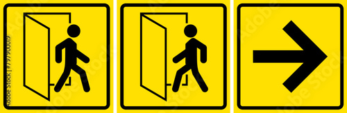 Set of entrance, exit and arrow signs, stickers with yellow backgrounds.