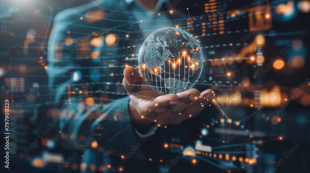 Business development to success and growth of banking and financial on global network. Businessman hold pointing arrow up and graph corporate future growth plan on network structure of business. Business development to success and growth of banking and financial on global network. Businessman hold pointing arrow up and graph corporate future growth plan on network structure of business.