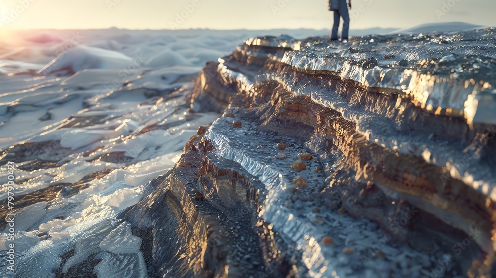 Fieldwork examining mineral layers exposed by permafrost thaw, icy terrain, dim sunlight, macro lens detail,
