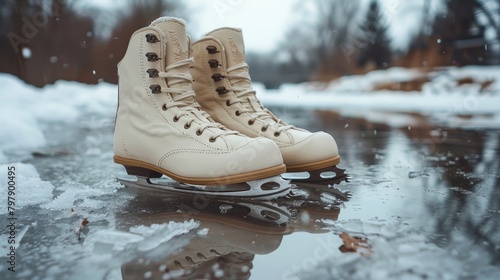 A pair of figure skates sit on the edge of a frozen lake reflecting the sky.