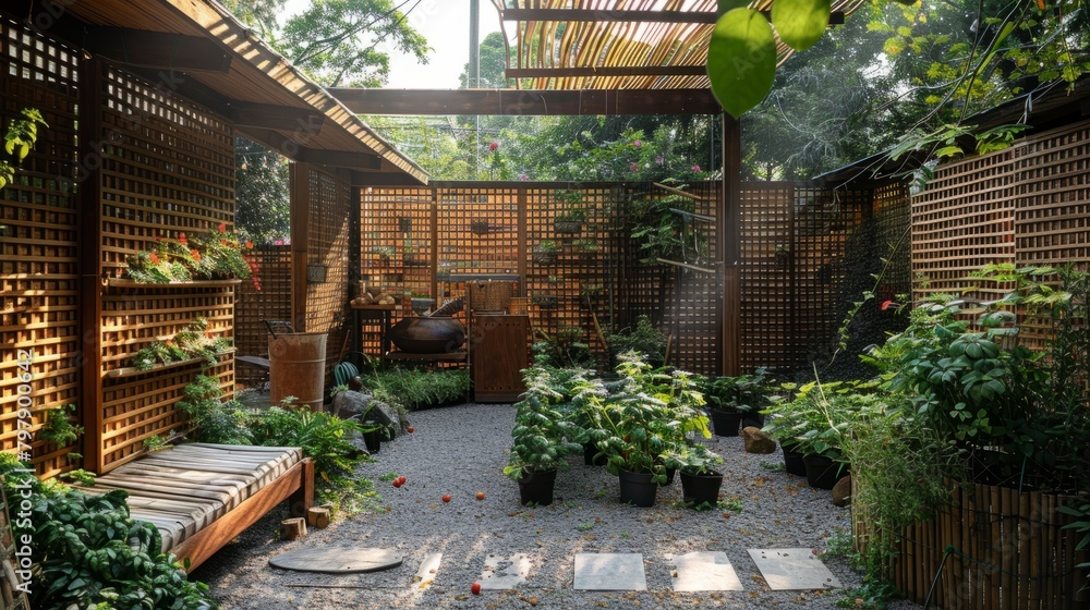 A photo of a beautiful garden with a wooden fence, stone path, and lots of plants and flowers. A photo of a beautiful garden with a wooden fence, stone path, and lots of plants and flowers.