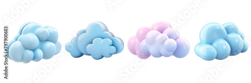PNG cloud 3d icons and objects collection, in cartoon style minimal on transparent, white background, isolate