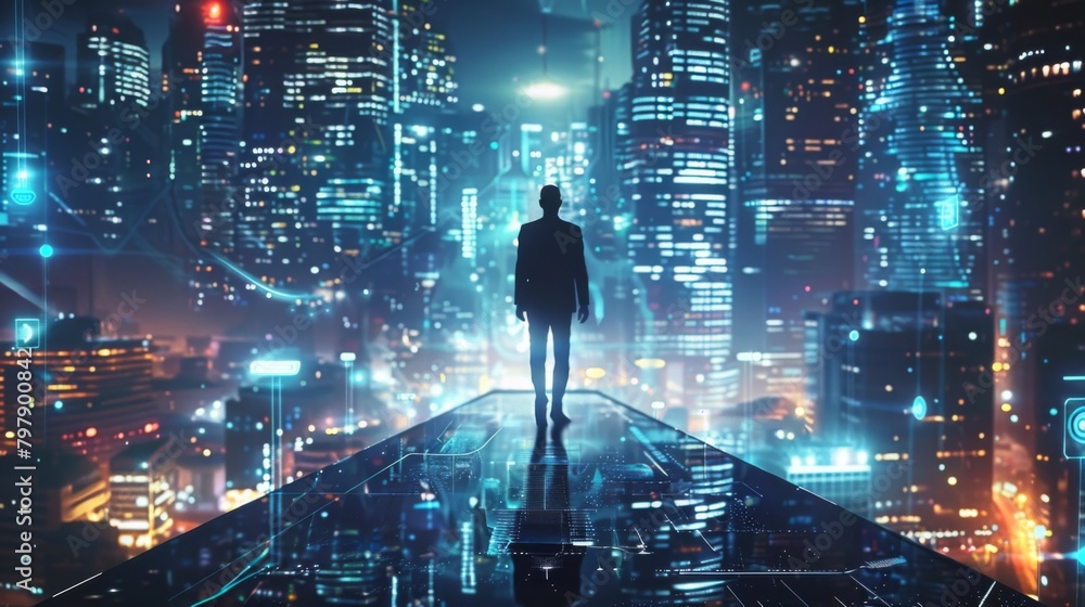Business technology concept, Professional business man walking on future Pattaya city background and futuristic interface graphic at night, Cyberpunk color style