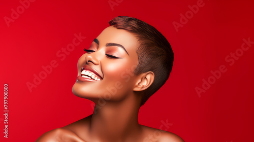 Beautiful, sexy, happy smiling dark-skinned African American woman with perfect skin and short haircut, on a red background, banner. © ALA